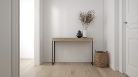 A minimalist entryway featuring a wooden table, decorative vase, and natural elements. The clean lines and neutral tones create a calm and inviting atmosphere.の素材