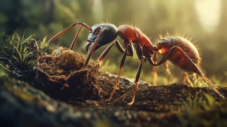 A close-up of an ant foraging on the forest floor, illuminated by soft golden light. This macro shot captures the intricate details of nature's tiny creatures.の素材