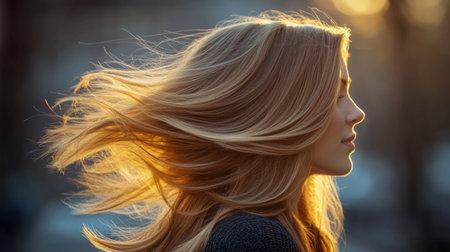 A serene portrait of a woman with flowing blonde hair illuminated by sunset sunlight, capturing a moment of beauty and tranquility in nature.の素材