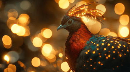 This stunning close-up captures a vibrant bird against a shimmering bokeh background, showcasing its intricate feathers and majestic beauty in nature.の素材