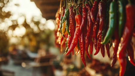 Vibrant chili peppers hang in the sunlight, showcasing their vivid colors. This image captures the freshness and beauty of locally sourced vegetables in a rustic market setting.の素材