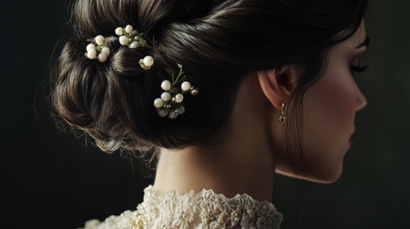 A stunning portrait of a woman showcasing an elegant vintage hairstyle adorned with delicate floral accents. This close-up emphasizes beauty and grace.の素材