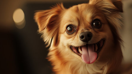 A cheerful small dog with shining eyes and a joyful smile, perfect for pet lovers. This close-up captures the playful spirit and warmth of canine companionship.の素材