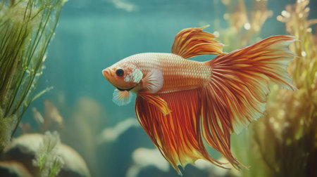 A stunning betta fish glides gracefully through a serene aquarium. Its vibrant orange and red colors contrast beautifully with the aquatic plants, creating a captivating underwater scene.の素材