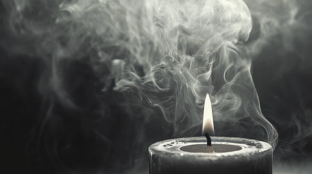 A beautifully lit candle surrounded by delicate smoke creates a serene and calming atmosphere. Ideal for themes of relaxation and tranquility.の素材
