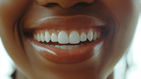 A joyful closeup of a woman's smile showcasing bright white teeth. This image radiates happiness and confidence, perfect for health and beauty themes.の素材