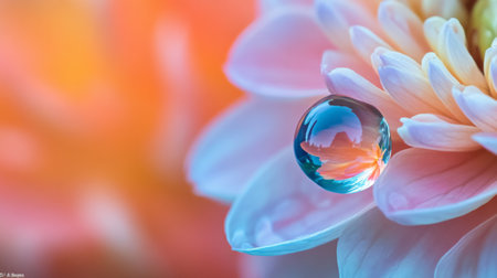 A delicate water drop rests on the petal of a colorful flower, capturing the beauty of nature. The macro shot reveals intricate details and vibrant colors.の素材
