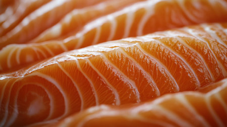 Close-up view of fresh salmon fillet showcasing intricate texture and color, ideal for culinary themes, healthy eating, or seafood presentations.の素材