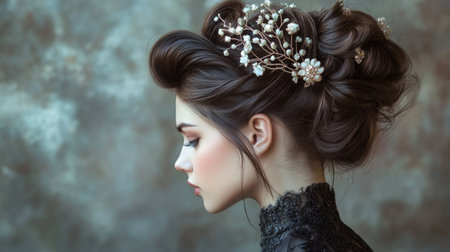 A graceful profile of a woman showcasing an intricate hairstyle adorned with floral accessories, evoking elegance and beauty in soft lighting.の素材