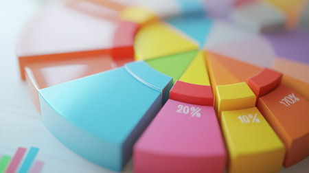 Vibrant pie chart showcasing various data segments, ideal for business reports or presentations. Perfect for illustrating statistical analysis and trends.の素材