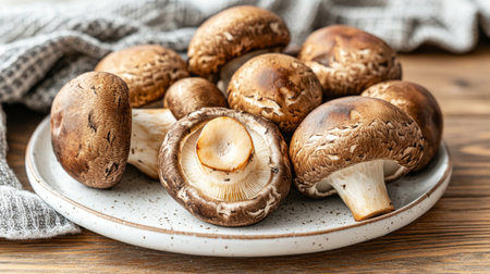 A beautifully arranged plate of fresh brown mushrooms, showcasing their rich texture and earthy tones. Ideal for culinary projects or healthy food concepts.の素材