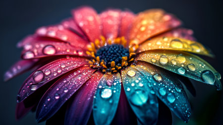 A captivating closeup of a vibrant flower showcasing a unique color gradient. Dew drops adorn the petals, enhancing the natural beauty and freshness.の素材