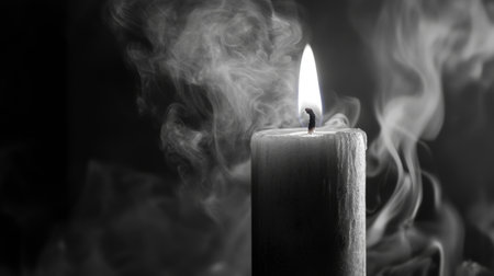 A serene candle flame flickers amid curling smoke, captured in black and white, evoking a sense of calm and tranquility. Perfect for relaxation themes.の素材