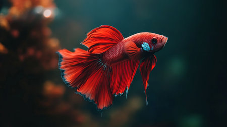 A striking red betta fish glides gracefully through clear water, showcasing its intricate fins and vibrant colors. Perfect for aquarists and nature lovers.の素材