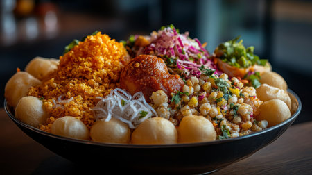 A vibrant Indian snack platter featuring a variety of ingredients, crispy textures, and colorful garnishes, perfect for sharing and enjoying together.の素材