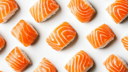 A visually appealing arrangement of fresh salmon sushi on a white plate, showcasing bright orange colors and beautiful textures, perfect for food lovers.の素材