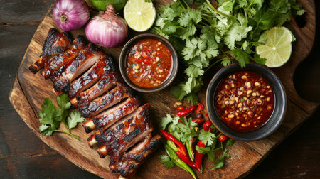 A delicious platter of grilled ribs served with vibrant herbs, lime, and spicy sauces. Perfect for barbecue lovers and culinary enthusiasts.の素材