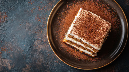 A tempting slice of tiramisu dessert elegantly presented on a dark plate, showcasing rich layers of coffee and cream, perfect for any occasion.の素材