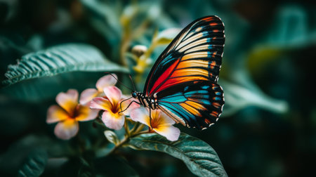 A stunning butterfly perched on vibrant tropical flowers, showcasing its colorful wings. This close-up captures the beauty and harmony of nature.の素材