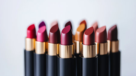 A stunning collection of vibrant lipsticks in various shades, ideal for beauty enthusiasts. Perfect for fashion shoots, cosmetic ads, and makeup tutorials.の素材