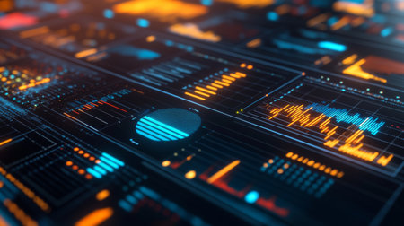 Explore a vibrant digital interface showcasing dynamic data visualizations. This image features colorful graphs and charts, ideal for technology and analytics themes.の素材