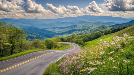A winding road cuts through a vibrant landscape of lush greenery and colorful flowers, framed by distant mountains and a stunning blue sky. Ideal for travel and nature themes.の素材