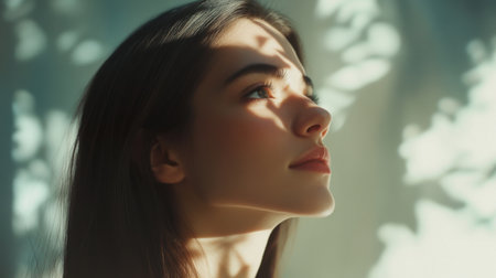 A stunning portrait of a young woman illuminated by soft sunlight, creating an ethereal effect with gentle shadows across her face, capturing beauty and serenity.の素材