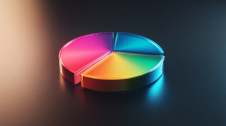 A vibrant pie chart featuring bright colors on a dark surface, perfect for visualizing data concepts, business presentations, or creative projects.の素材