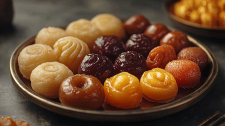A vibrant platter showcasing an assortment of traditional Indian sweets, featuring diverse shapes, colors, and textures, perfect for festive celebrations.の素材