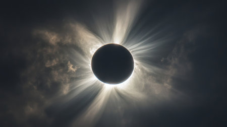 This stunning image captures a solar eclipse, showcasing the dramatic interplay of light and shadow as the sun is obscured.の素材