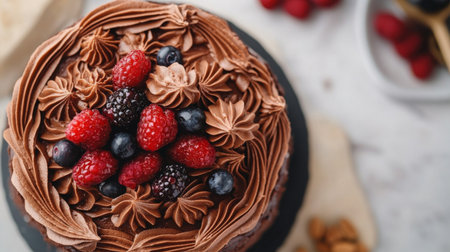A tempting chocolate cake adorned with fresh berries, perfect for celebrations. Ideal for dessert lovers looking to indulge in a sweet treat.の素材