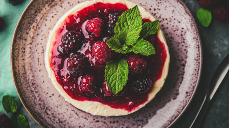 A visually appealing dessert featuring fresh berries atop a creamy base, garnished with mint. Perfect for summer gatherings or indulgent treats.の素材