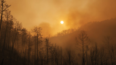 A stunning orange sunset casts a hazy glow over a smoky forest landscape. Silhouetted trees create a tranquil atmosphere against a dramatic sky.の素材