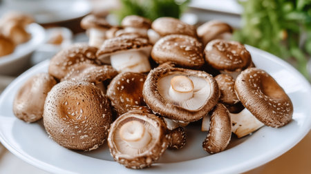 A beautiful arrangement of fresh mushrooms on a white plate, perfect for culinary use. Ideal for cooking, healthy meals, or gourmet dishes.の素材