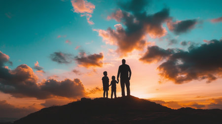 A stunning silhouette of a family standing together against a vibrant sunset sky. The scene captures the essence of family bonding and adventure in nature.の素材