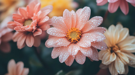 Stunning close-up of soft pink flowers adorned with raindrops, set against a lush garden background. Perfect for spring and nature themes.の素材