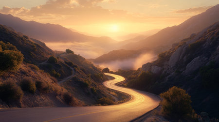 A winding road snakes through majestic mountains at sunset, surrounded by mist and lush greenery, creating a tranquil and picturesque scene.の素材
