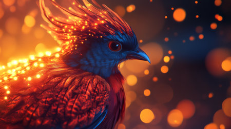 A stunning close-up of a bird showcasing vibrant colors and fiery feather effects. Ideal for themes of nature, fantasy, and artistic inspiration.の素材