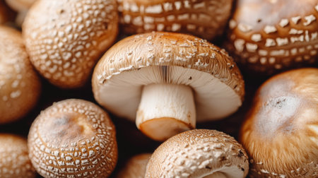 A close-up view of various gourmet mushrooms showcasing their unique textures and earthy colors. Perfect for organic food, cooking, or culinary projects.の素材