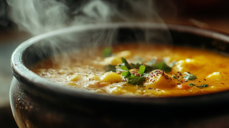 A steaming bowl of delicious soup garnished with fresh herbs, showcasing a warm and inviting texture, perfect for cozy meals and culinary delights.の素材