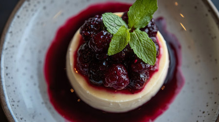A delightful dessert featuring creamy panna cotta topped with fresh berries and a sprig of mint. Perfect for gourmet presentations and sweet indulgence.の素材