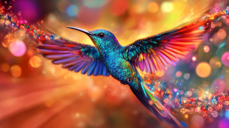 A stunning hummingbird hovers in a whirlwind of vibrant colors and light. Perfect for nature lovers, this image captures the beauty of wildlife in motion.の素材
