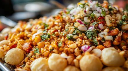 A vibrant Indian snack platter featuring a mix of crispy, savory ingredients. Perfect for parties or gatherings, this colorful dish promises a delightful experience.の素材