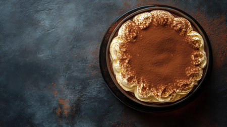 A beautifully presented tiramisu cake on a dark background, featuring layers of creamy filling and a dusting of cocoa powder, perfect for dessert lovers.の素材
