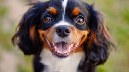 A cheerful dog with a big smile radiates joy in a green outdoor setting. This close-up portrait captures the playful spirit and friendly demeanor of a beloved pet.の素材