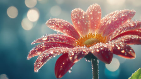 A stunning closeup of a radiant flower adorned with dew drops, set against a gentle, soft-focus background. This image captures the beauty of nature, embodying freshness and tranquility.の素材