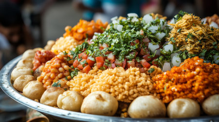 A vibrant outdoor display of assorted Indian street snacks featuring a colorful platter with fresh herbs, spices, and creative toppings that invite exploration.の素材