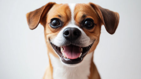 This image features a happy dog showcasing a bright smile and vibrant personality against a neutral background, perfect for pet-themed projects.の素材