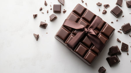 A beautifully wrapped chocolate gift box tied with a ribbon, surrounded by scattered chocolate pieces. Perfect for celebrations and sweet indulgence.の素材