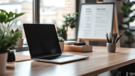 A modern workspace featuring a laptop on a wooden desk surrounded by green plants. The setting is bright and inviting, perfect for creativity and productivity.の素材